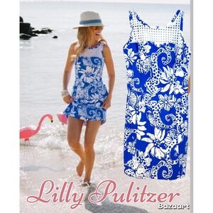 Lilly Pulitzer Marianne Shift Dress Blue & White Seahorse & Floral Eyelet Lace 2